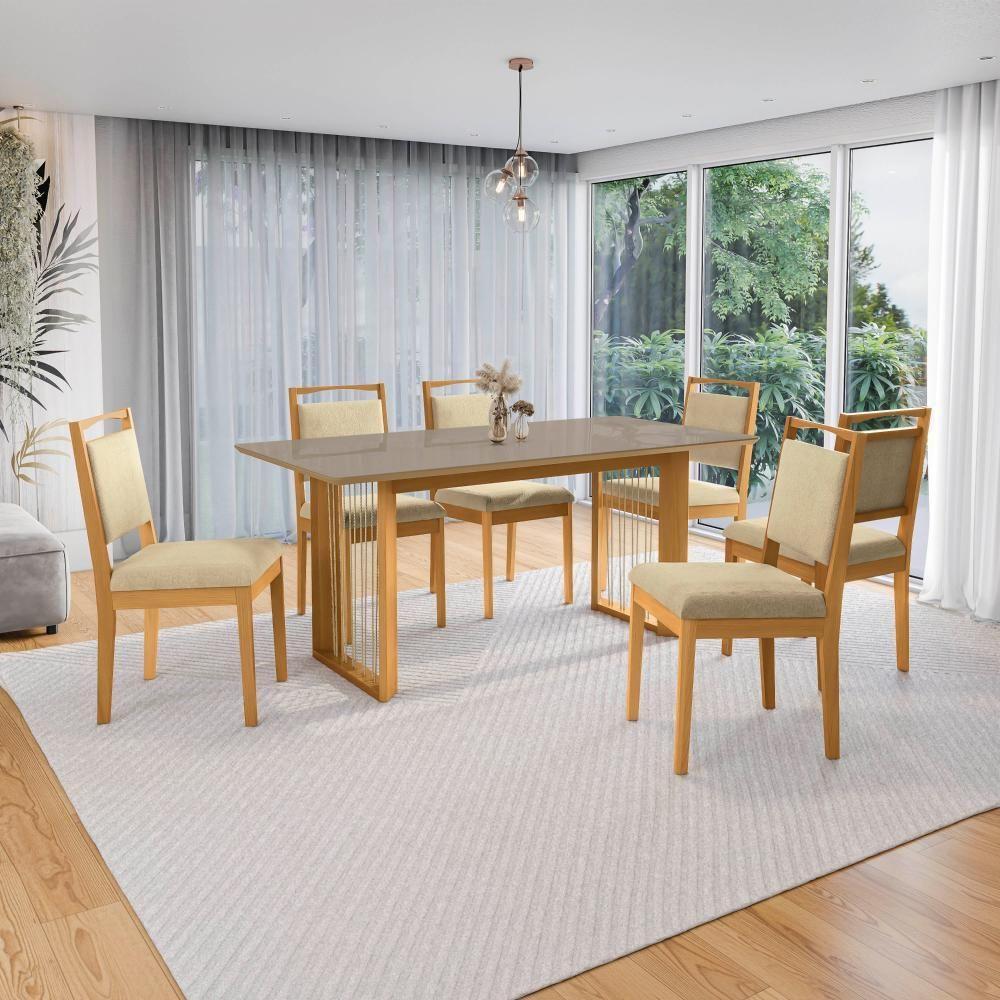 Conjunto Sala De Jantar Lina Em Madeira Maciça 6 Cadeiras Boucle Bege - 1