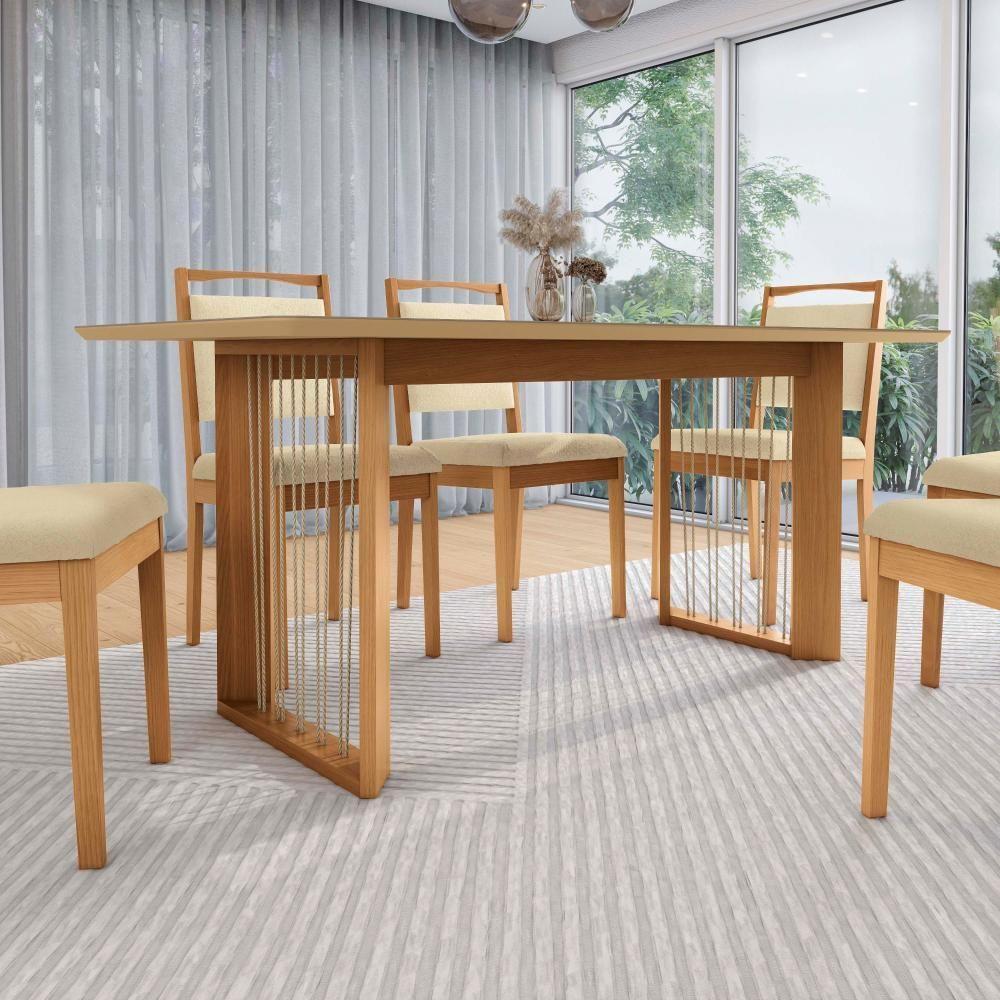Conjunto Sala De Jantar Lina Em Madeira Maciça 6 Cadeiras Boucle Bege - 6