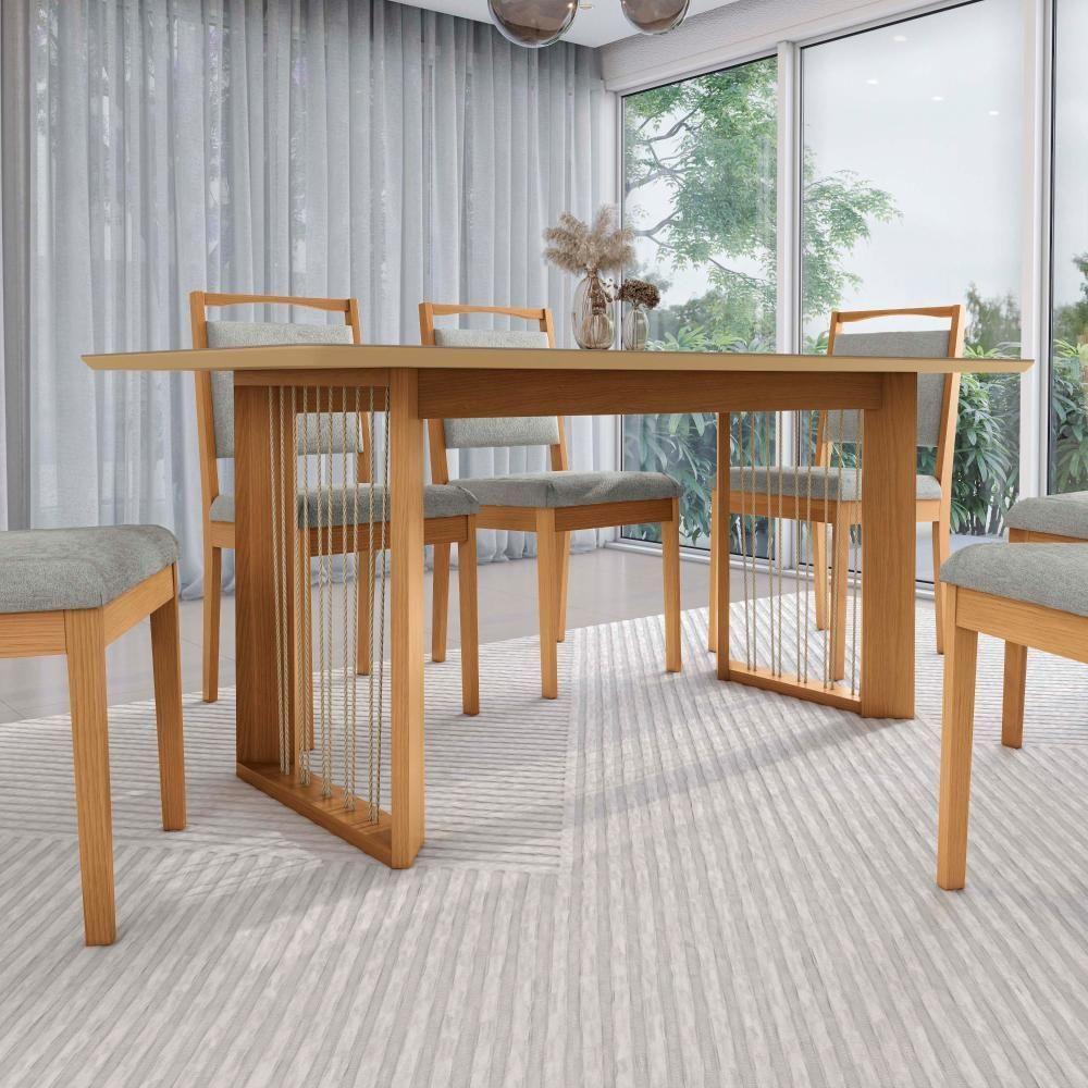 Conjunto Sala De Jantar Lina Em Madeira Maciça 6 Cadeiras Boucle Cinza - 6