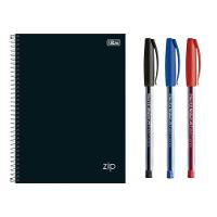 Kit 1 Caderno Espiral Universitário 10 Matérias 160 Folhas Zip + 3 Canetas Esferográfica Trilux - 1