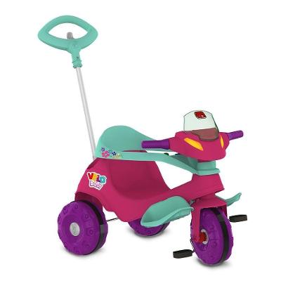Triciclo Velobaby Passeio e Pedal com Haste Removível e Cercado Rosa Brinquedos Bandeirante