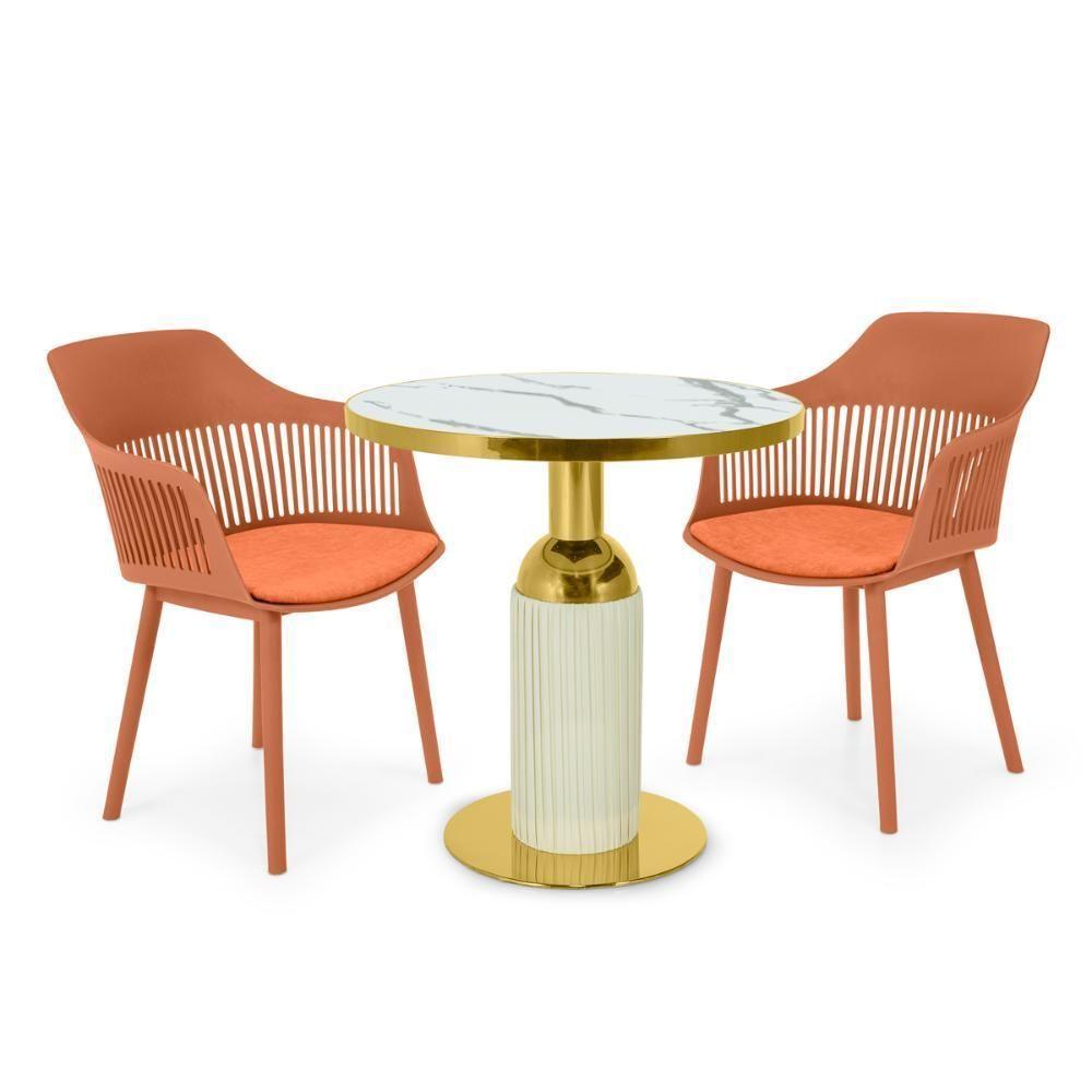 Conjunto Mesa De Jantar Redonda Imperial 70cm Branca Com 2 Cadeiras Estofadas Marcela - Marrom - 1