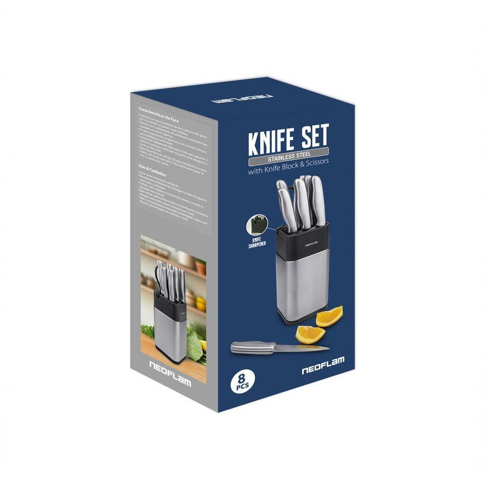 Conjunto De Facas Dolche - 8 Peças - Aço Inoxidável Com Cepo/suporte De Facas & Afiador De Facas - 8