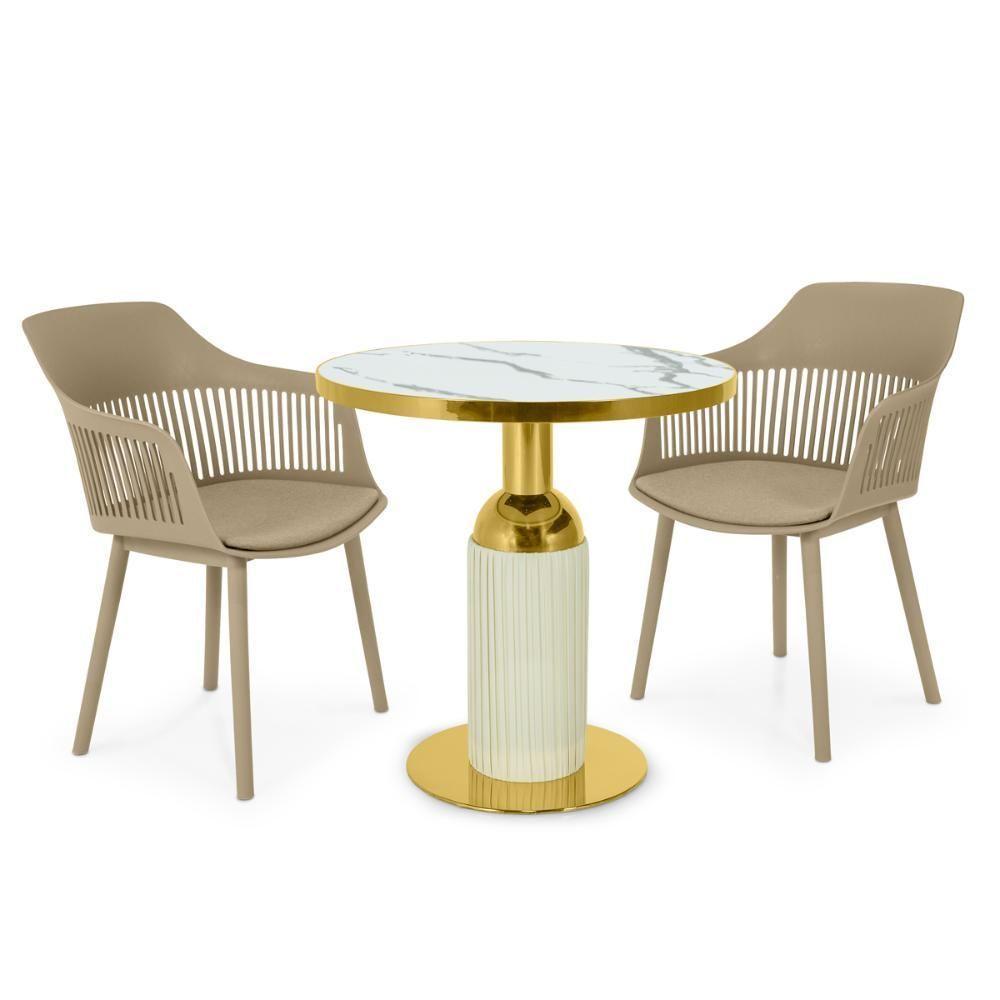 Conjunto Mesa De Jantar Redonda Imperial 70cm Branca Com 2 Cadeiras Estofadas Marcela - Nude Escuro - 1