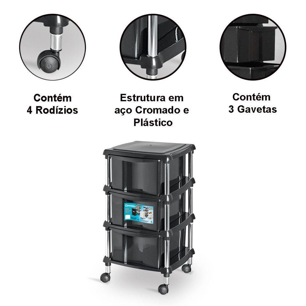 Gaveteiro Organizador Multiuso 3 Gavetas Com Rodízios Alice Preto - 3