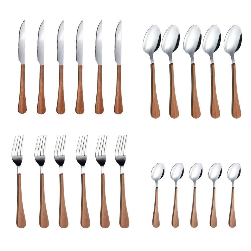 Conjunto 24 Peças Talheres Cabo Tipo Madeira - 2