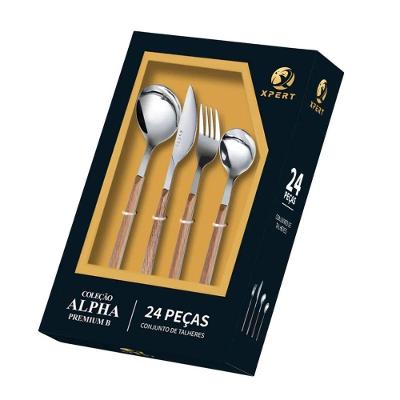 Conjunto 24 Peças Talheres Cabo Tipo Madeira