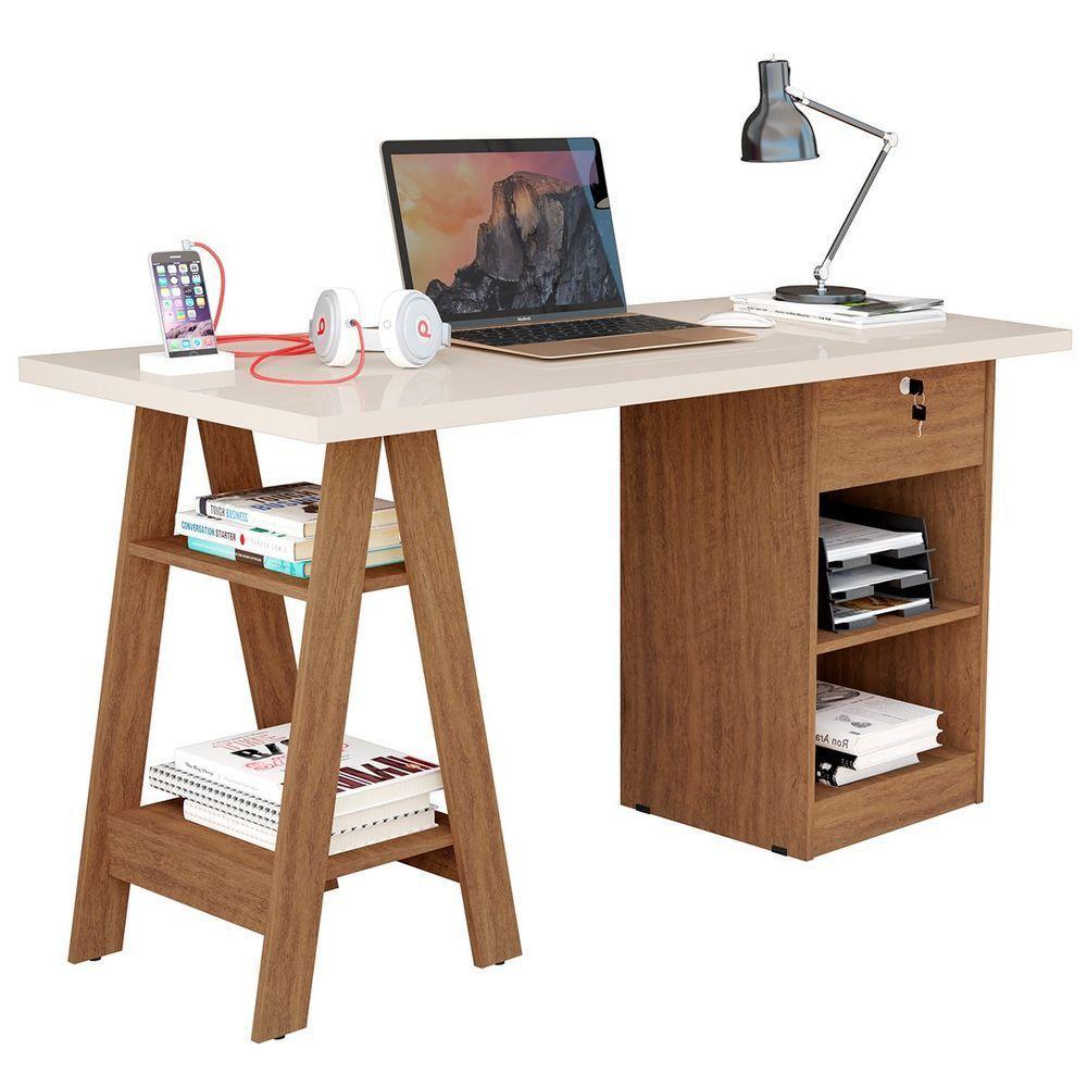 Mesa Escrivaninha Para Escritório 1 Gaveta Com Chave Boreal Off White/canela - 1