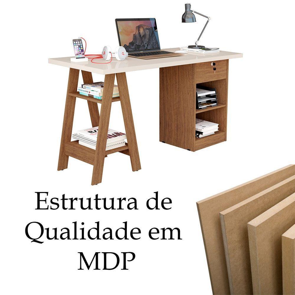 Mesa Escrivaninha Para Escritório 1 Gaveta Com Chave Boreal Off White/canela - 5