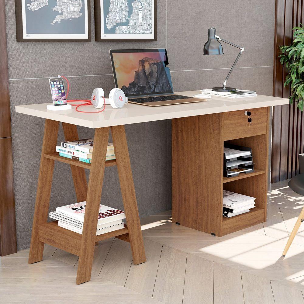 Mesa Escrivaninha Para Escritório 1 Gaveta Com Chave Boreal Off White/canela - 6