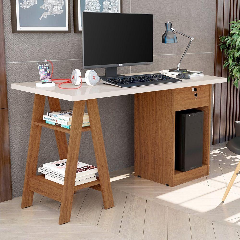 Mesa Escrivaninha Para Escritório 1 Gaveta Com Chave Boreal Off White/canela - 7