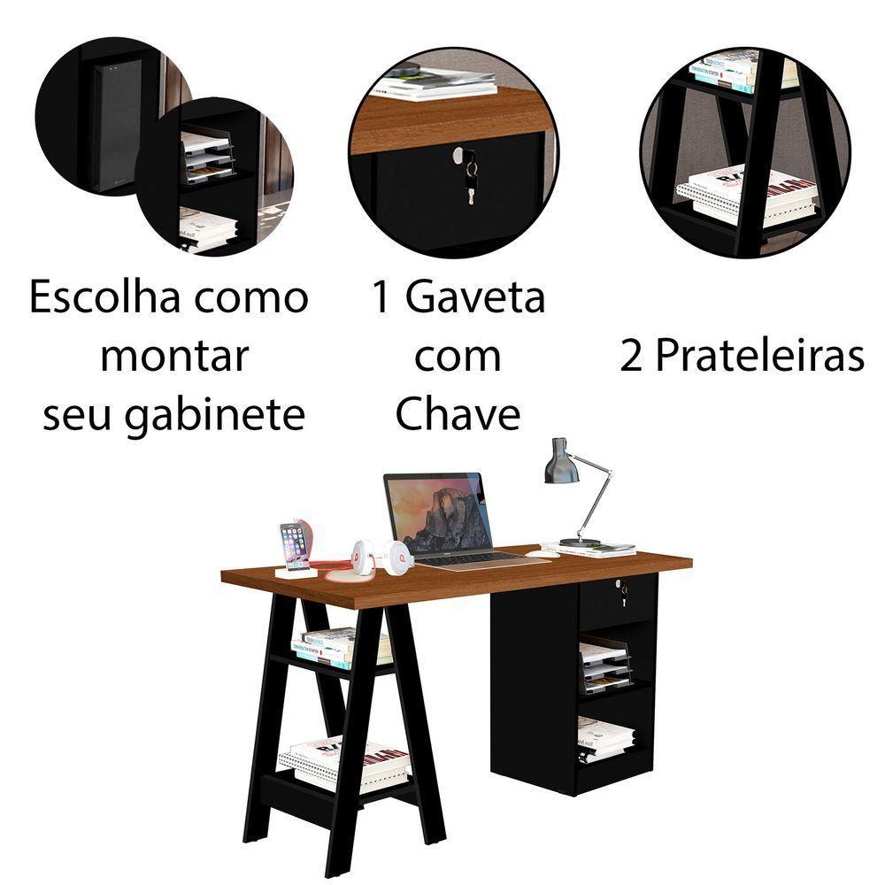 Mesa Escrivaninha Para Escritório 1 Gaveta Com Chave Boreal Canela/preto - 2