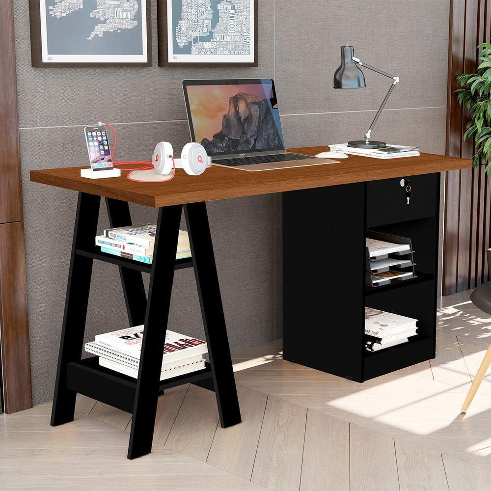Mesa Escrivaninha Para Escritório 1 Gaveta Com Chave Boreal Canela/preto - 6