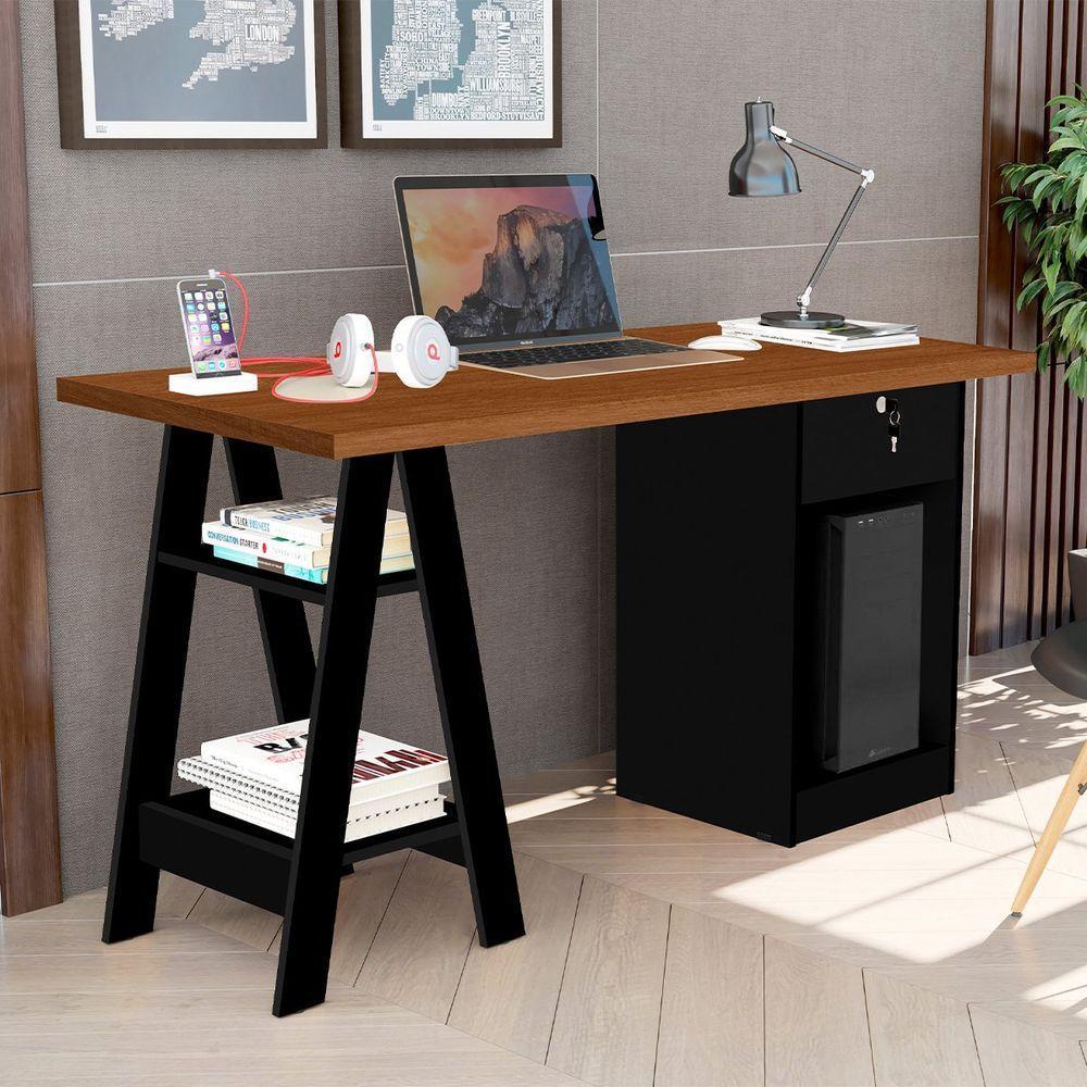 Mesa Escrivaninha Para Escritório 1 Gaveta Com Chave Boreal Canela/preto - 7