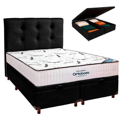 Cama Box Baú Preto Com Colchão Casal High Foam Ortobom + Cabeceira