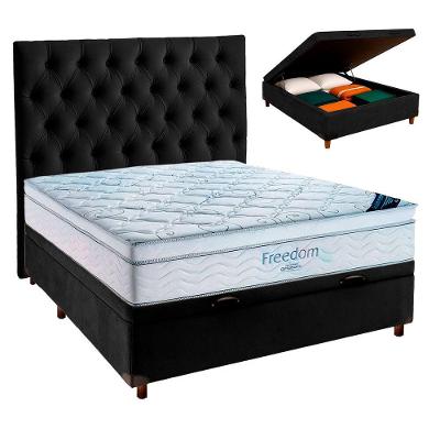 Cama Box Baú Preto + Colchão Casal Freedom Ortobom E Cabeceira