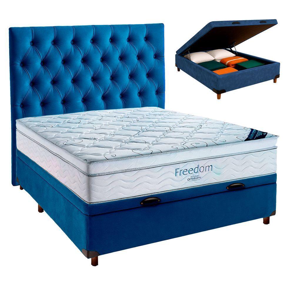 Cama Box Baú Azul + Colchão Casal Freedom Ortobom E Cabeceira - 1
