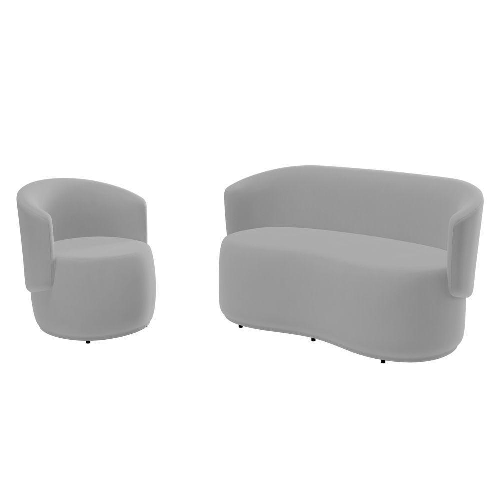 Kit Poltrona E Namoradeira Aisha Orgânica Veludo Cinza Claro - Desk Design - 2