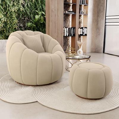 Poltrona Decorativa Concha Giratória Com Puff Estilo Abóbora Shell Veludo Bege - Desk Design