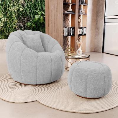 Poltrona Decorativa Concha Fixa Com Puff Estilo Abóbora Shell Bouclê Cinza Claro - Desk Design