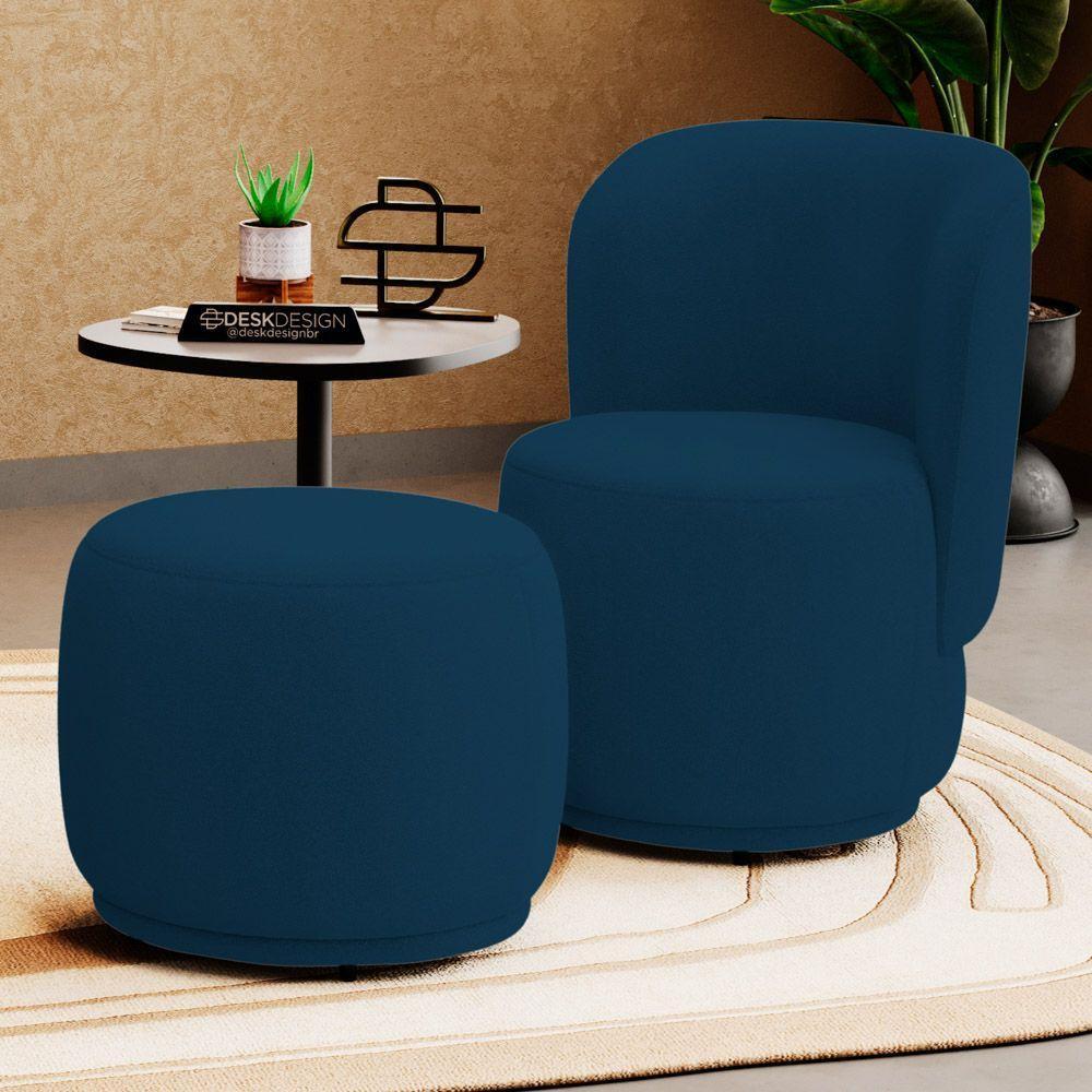 Poltrona Decorativa Com Puff Orgânico Molly Bouclê Azul Marinho - Desk Design - 5
