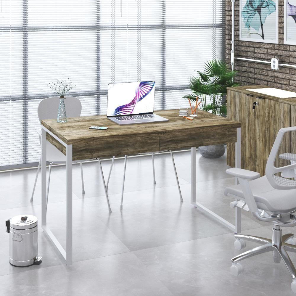 Mesa Office 120x60x75cm C/02 Gavetas Kuadra Carvalho - Est.branca - 1