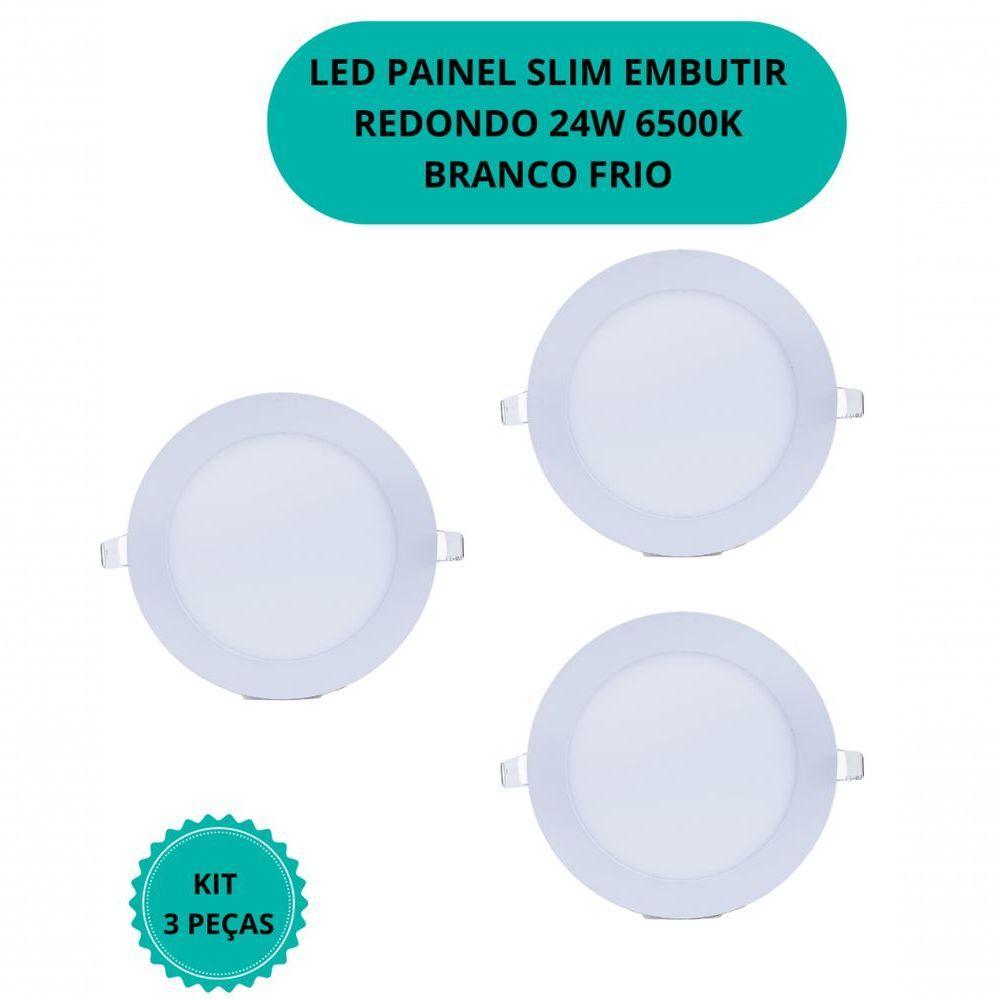 Plafon Led Slim 24w Redondo Embutir 6500k Branco Frio Bivolt - Kit Com 3 Un. - 2