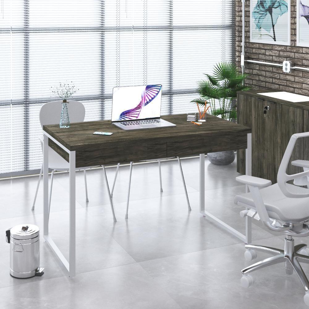 Mesa Office 120x60x75cm C/02 Gavetas Kuadra Carvalho Dark - Est.branca - 1