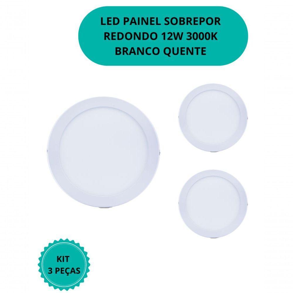 Plafon Led Sobrepor 12w Redondo 3000k Branco Quente Bivolt - Kit Com 3 Un. - 2