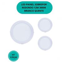 Plafon Led Sobrepor 12w Redondo 3000k Branco Quente Bivolt - Kit Com 3 Un. - 2