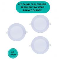 Plafon Led Slim 24w Redondo Embutir 3000k Branco Quente Bivolt - Kit Com 3 Un. - 1