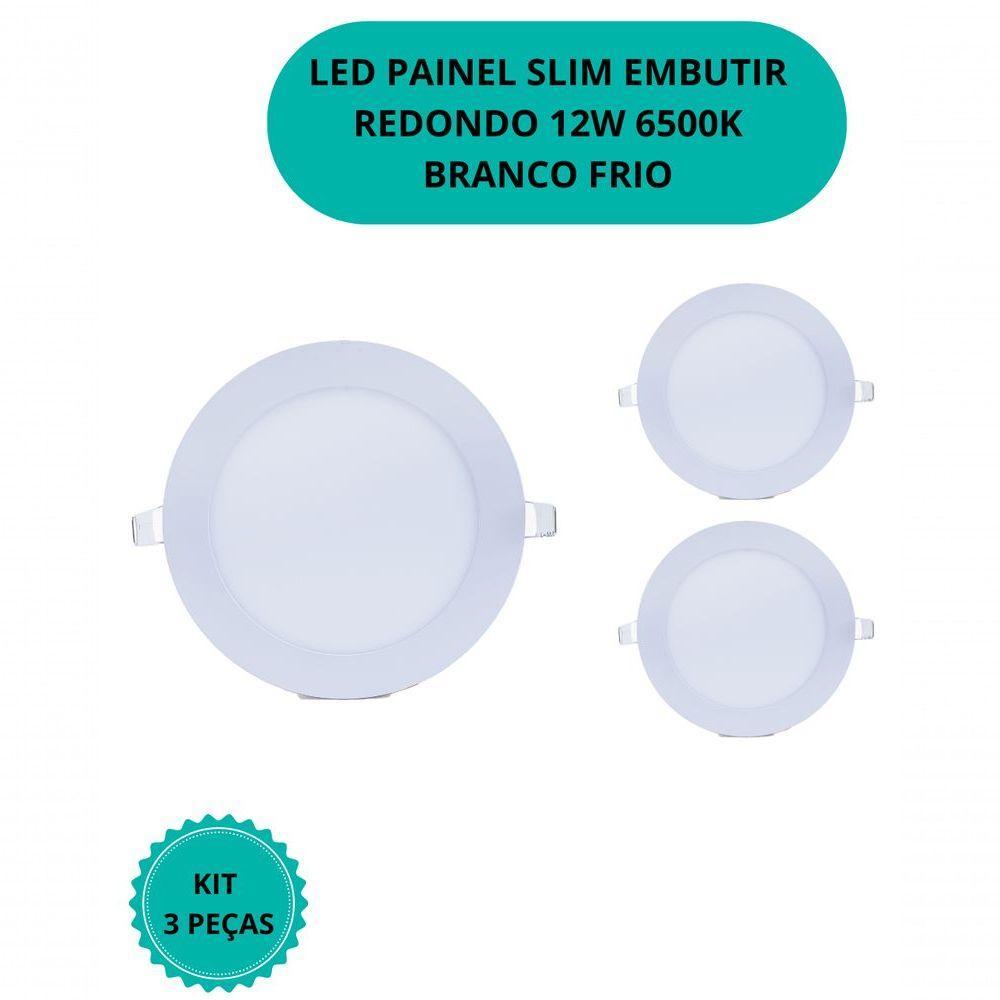 Plafon Led Slim 12w Redondo Embutir 6500k Branco Frio Bivolt - Kit Com 3 Un. - 2