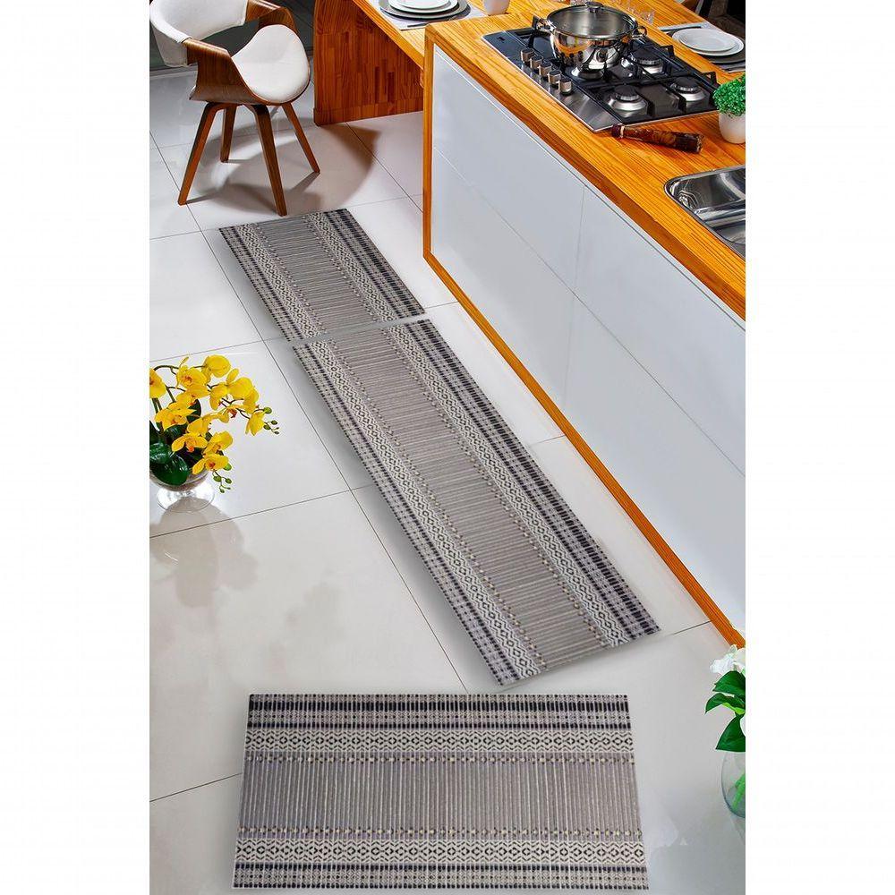 Kit 3 Peças Jogo Cozinha Passadeira Emborrachada Não Derrapa Barrado Cinza - 4