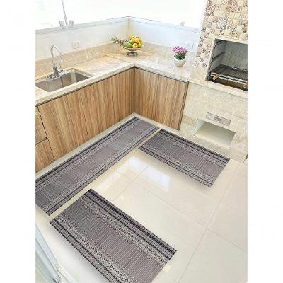 Kit 3 Peças Jogo Cozinha Passadeira Emborrachada Não Derrapa Barrado Cinza