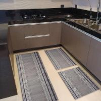 Kit 3 Peças Jogo Cozinha Passadeira Emborrachada Não Derrapa Barrado Cinza - 3