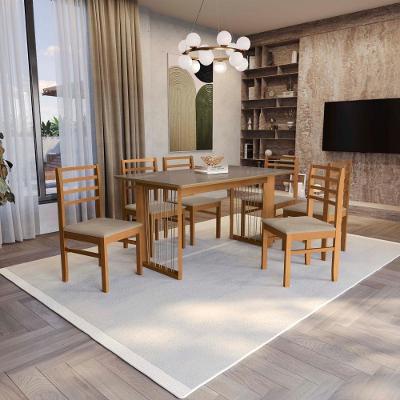 Conjunto Sala De Jantar Elisa Em Madeira Maciça 6 Cadeiras Linho Fendi