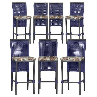7 Banquetas Em Alumínio Roma Preta Corda Náutica Tecido 6 Azul