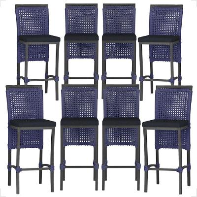 8 Banquetas Em Alumínio Roma Preta Corda Náutica Tecido 12 Azul