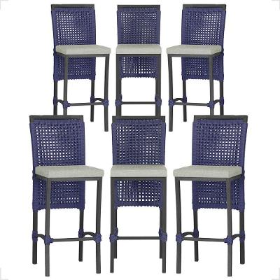 6 Banqueta Em Alumínio Roma Preta Corda Náutica Tecido 3 Azul