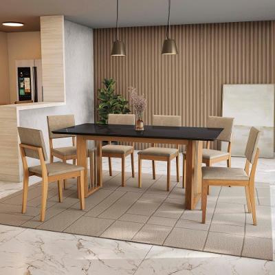 Conjunto Sala De Jantar Dora Em Madeira Maciça 6 Cadeiras Linho Fendi