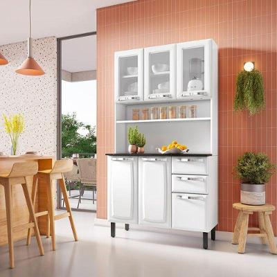 Kit Cozinha Compacta Pratika em Aço 105cm Branco com Tampo Granito e Puxadores Plástico