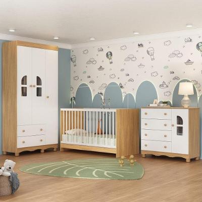 Quarto De Bebê Completo Berço 3 Em 1 P-colchão 130x60cm Aurora Multimóveis MP4560 Madeirado-branco
