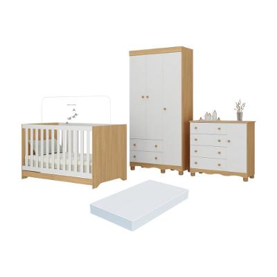 Quarto De Bebê Completo Berço Americano 3 Em 1 Colchão Dengo Multimóveis MP4608 Madeirado-branco