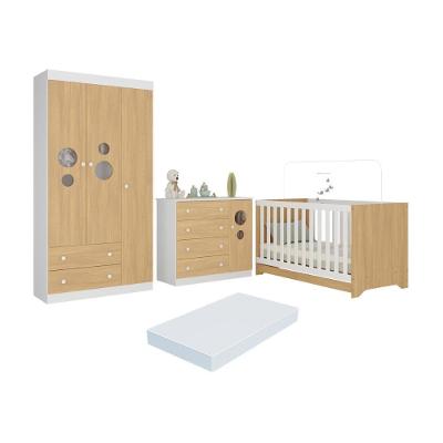Quarto De Bebê Completo Berço Americano 3 Em 1 Colchão Pirulito Multimóveis MP4637 Branco-madeirado