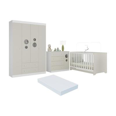 Quarto De Bebê Completo Berço Americano 3 Em 1 Colchão Pirulito Multimóveis MP4629 Branco-off White