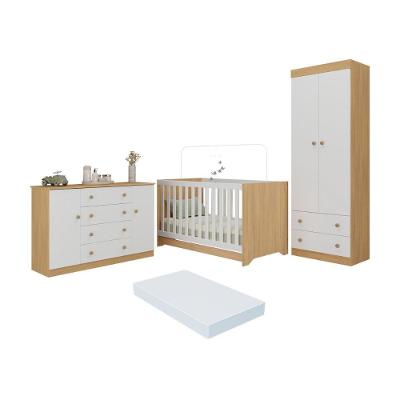 Quarto De Bebê Completo Berço Americano 3 Em 1 Colchão Encanto Multimóveis MP4609 Madeirado-branco