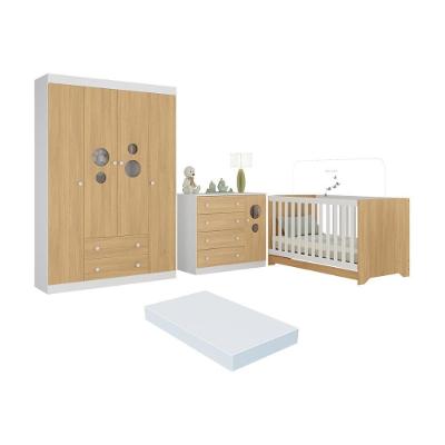Quarto De Bebê Completo Berço Americano 3 Em 1 Colchão Pirulito Multimóveis MP4629 Branco-madeirado