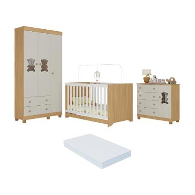 Quarto De Bebê Completo Berço Americano 3 Em 1 Colchão Fofura Multimóveis MP4669 Madeirado-off White