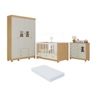 Quarto De Bebê Completo Berço Americano 3 Em 1 Colchão Fofura Multimóveis MP4661 Madeirado-off White