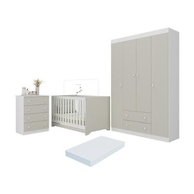 Quarto De Bebê Completo Berço Americano 3 Em 1 Colchão Encanto Multimóveis MP4601 Branco-off White